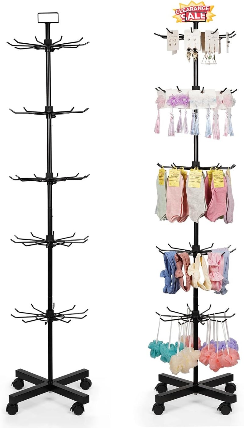 Exttlliy 5-Tier Metal Spinning Display Stand Rack with Wheels, Black Iron, 50 Hooks, Lockable Wheels, Ideal for Jewelry, Accessories, Foods - Image 1